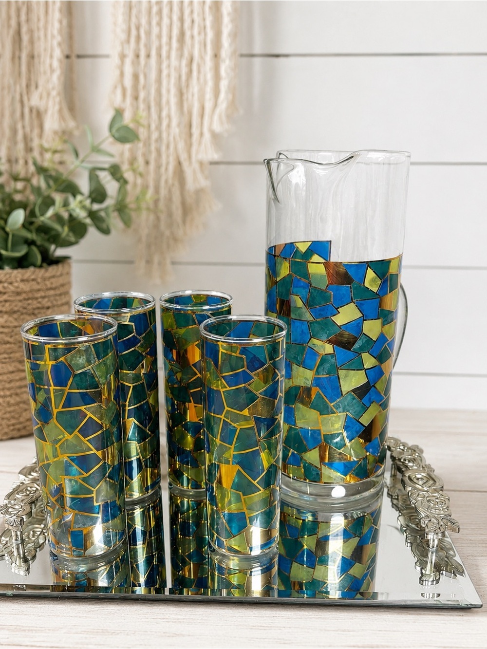 Vintage Blue & Gold Mosaic Glass Pitcher & 4 Highball Glasses Barware Set